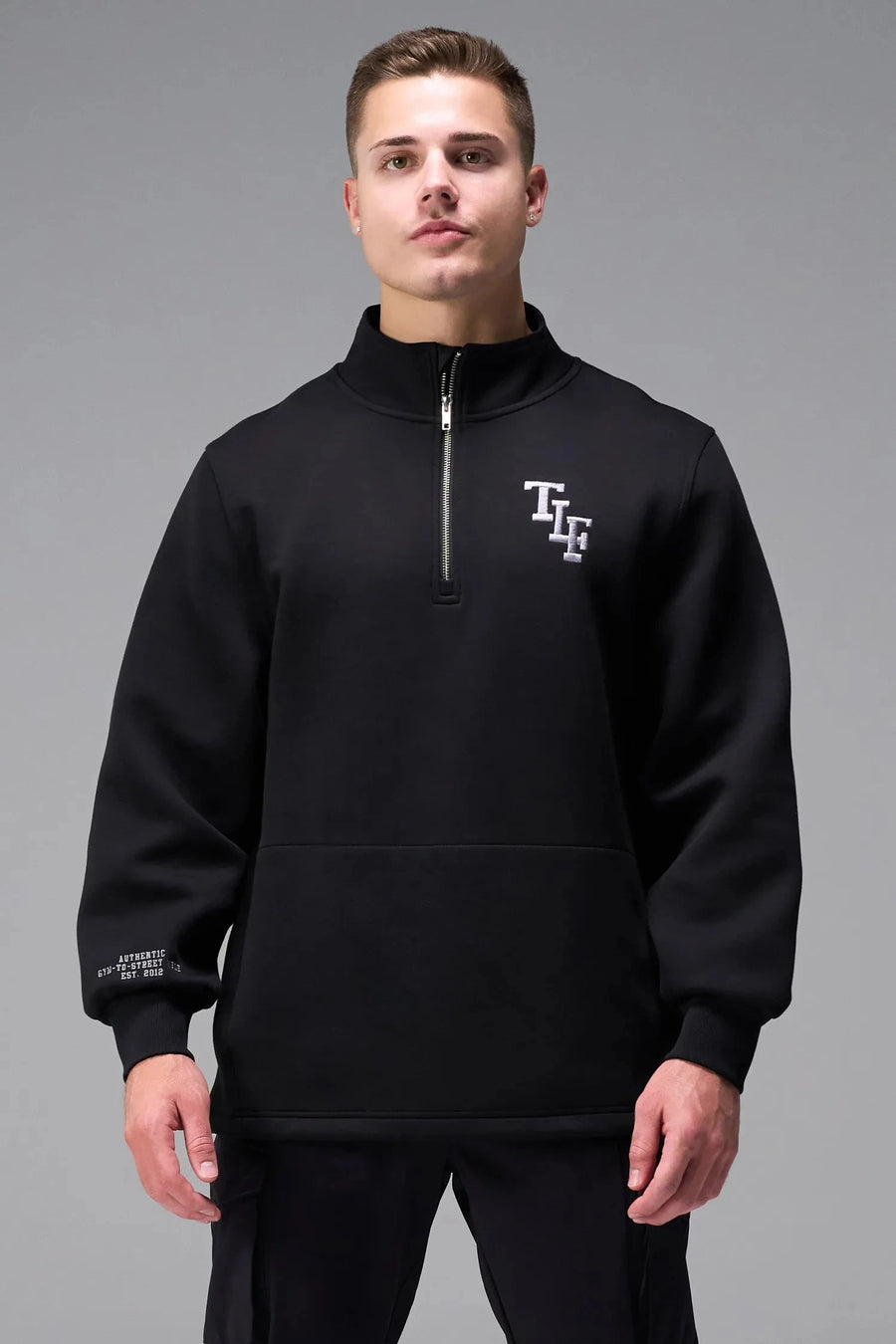 Front View of Black  TLF GTS Scuba Tech Quarter-Zip Pullover, featuring a ¼ zip pullover, sleek design and kangaroo pockets 