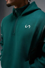 Front View of Green TLF GTS Twill Tech Quarter-Zip Hoodie, featuring contrast stitching, kangaroo pockets and unmatched style