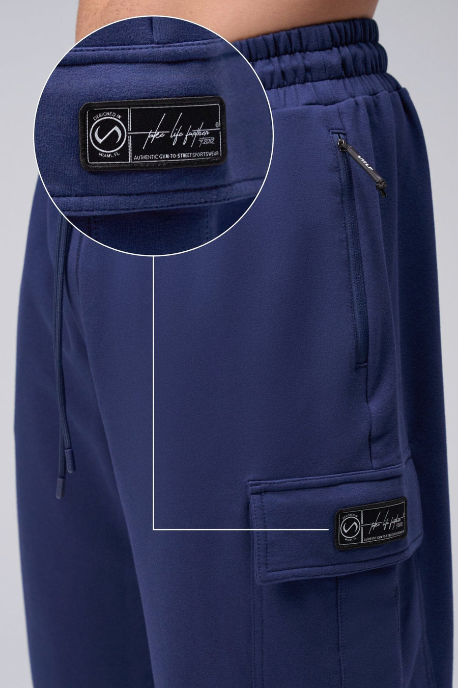 Zoomed Side View Of Men's GTS Vital Terry Cargo Joggers in Navy Blue