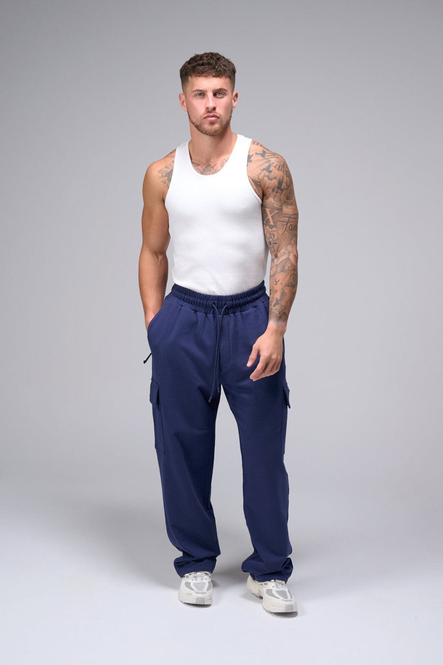 Front View Of Men's GTS Vital Terry Cargo Joggers in Navy Blue
