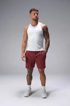 Front View of Red TLF GTS Waffle Tech Shorts, featuring a 7 Inch inseam, an athletic relaxed fit with zipper pockets designed for all day wear