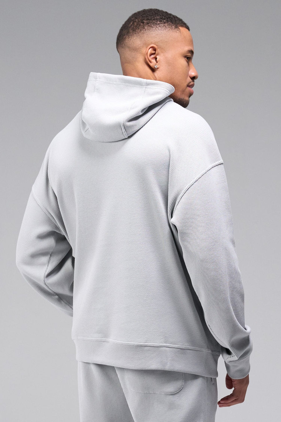 Back View of Gray TLF GTS Waffle Tech Hoodie, featuring kangaroo pockets, and double panel hoodie designed for all day wear
