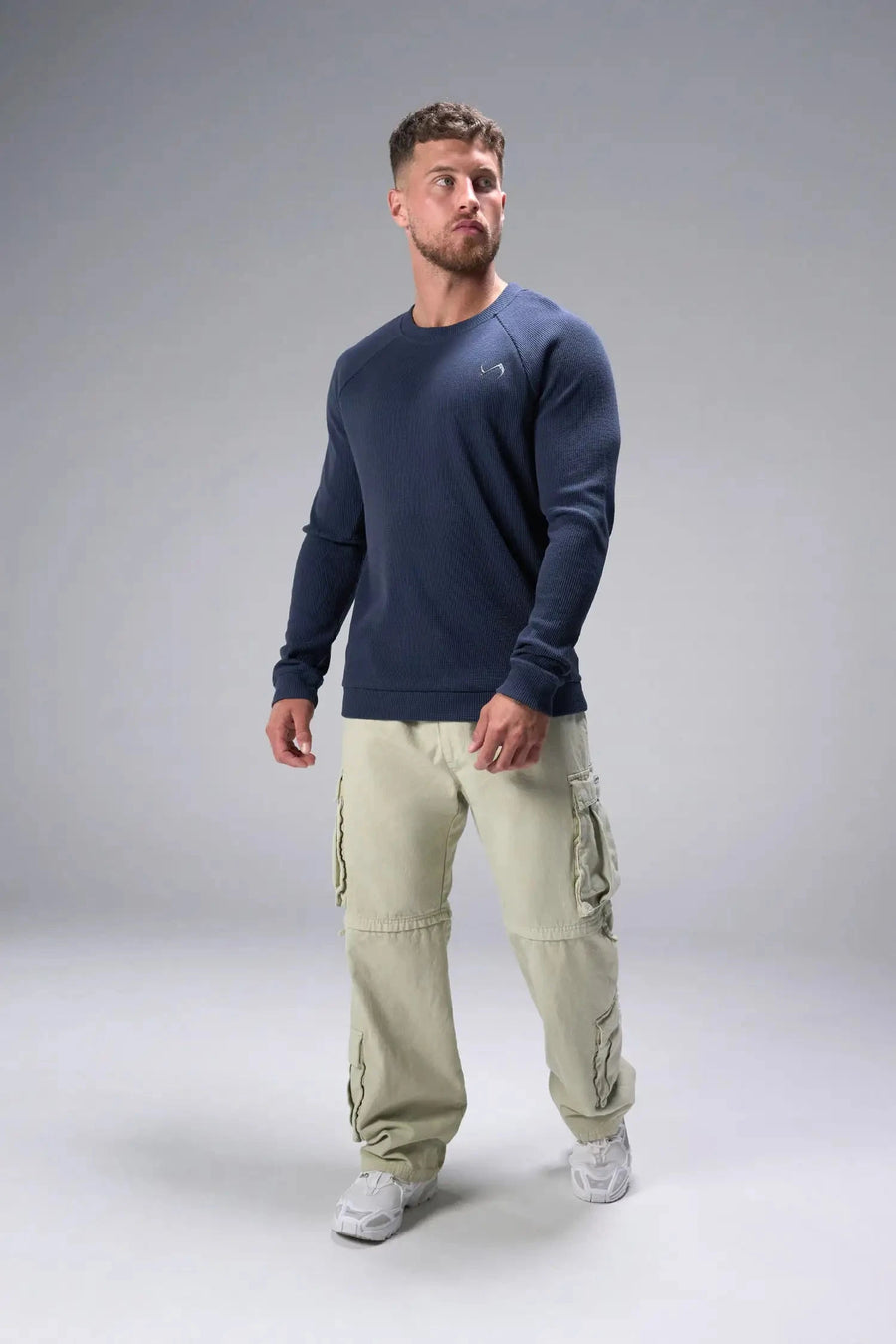 Front View of Blue the TLF Waffle Tech Crew Neck featuring a raglan sleeve in our premium waffle knit fabric