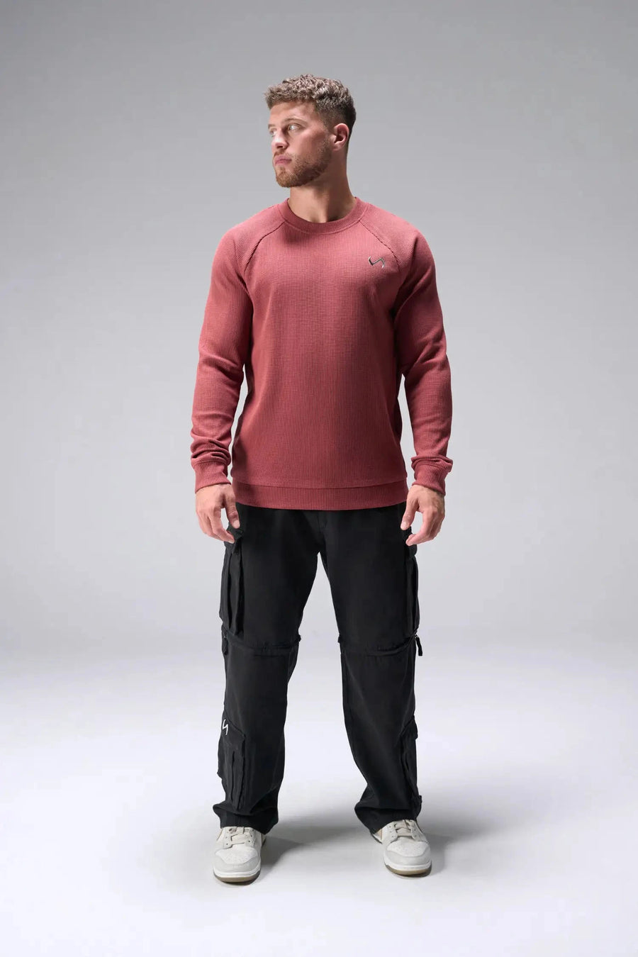 Front View of Red the TLF Waffle Tech Crew Neck featuring a raglan sleeve in our premium waffle knit fabric