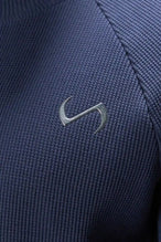 Detail View of Blue the TLF Waffle Tech Crew Neck featuring a raglan sleeve in our premium waffle knit fabric