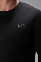 Close Front  View of Black the TLF Waffle Tech Crew Neck featuring a raglan sleeve in our premium waffle knit fabric