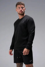 Front View of Black the TLF Waffle Tech Crew Neck featuring a raglan sleeve in our premium waffle knit fabric