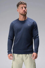 Front View of Blue the TLF Waffle Tech Crew Neck featuring a raglan sleeve in our premium waffle knit fabric