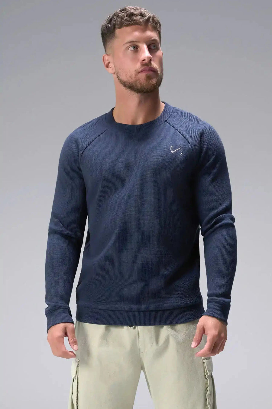 Front View of Blue the TLF Waffle Tech Crew Neck featuring a raglan sleeve in our premium waffle knit fabric