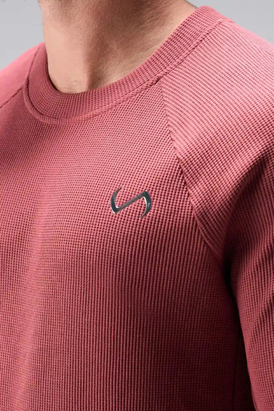Close Front  View of Red the TLF Waffle Tech Crew Neck featuring a raglan sleeve in our premium waffle knit fabric