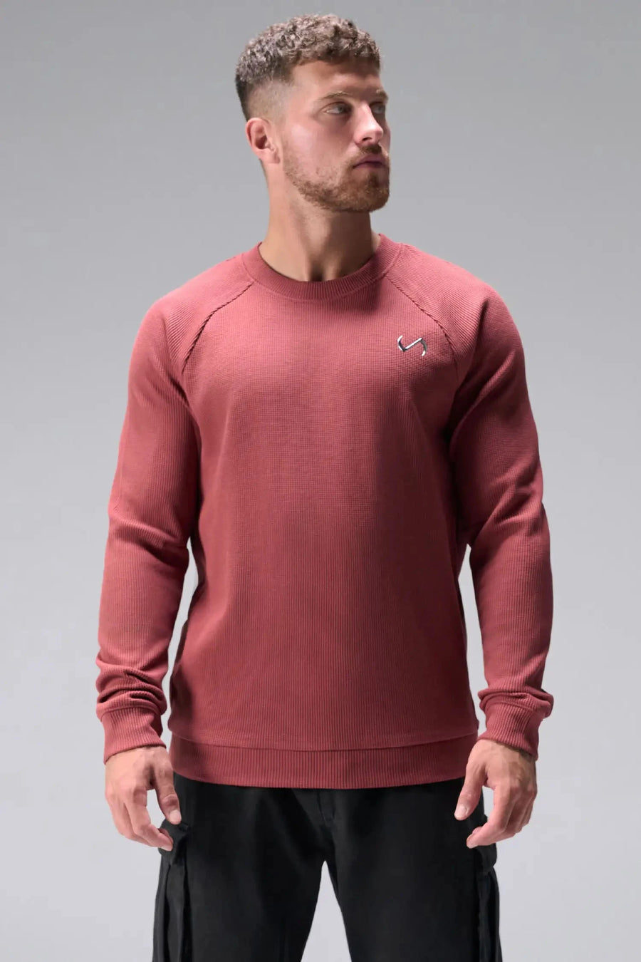 Front View of Red the TLF Waffle Tech Crew Neck featuring a raglan sleeve in our premium waffle knit fabric