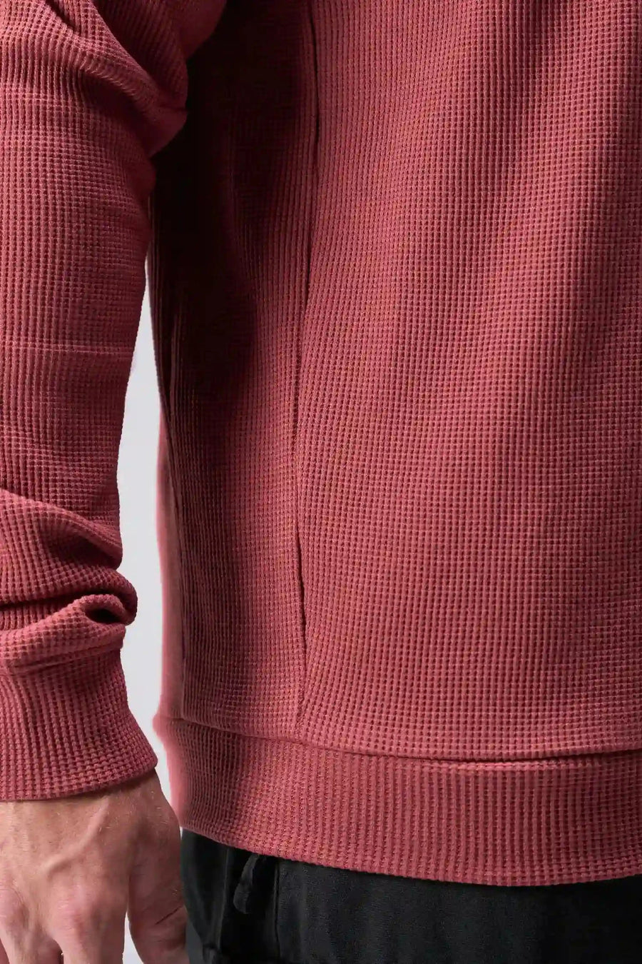 Detail View of Red the TLF Waffle Tech Crew Neck featuring a raglan sleeve in our premium waffle knit fabric