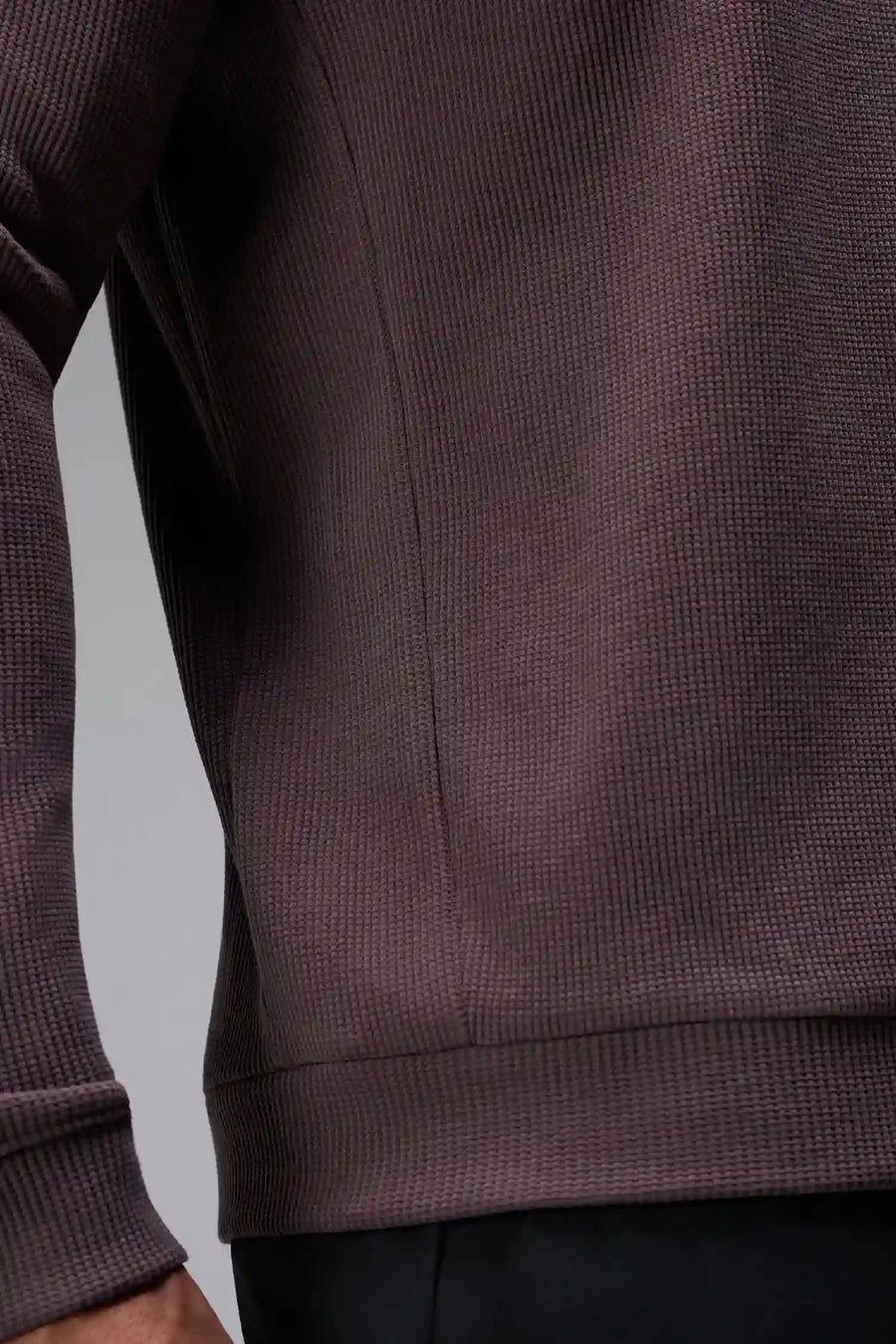 Detail View of Purple the TLF Waffle Tech Crew Neck featuring a raglan sleeve in our premium waffle knit fabric