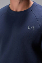 Close Front  View of Blue the TLF Waffle Tech Crew Neck featuring a raglan sleeve in our premium waffle knit fabric