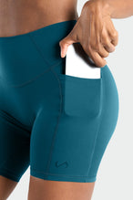 Detail Front View of Dark Teal Hyper Power Side Pockets Gym Shorts