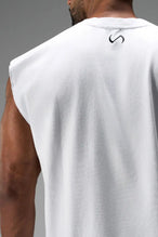 Back View of White the TLF Icon Muscle Tank featuring our physique enhancing design, straight hem and relaxed fit. 