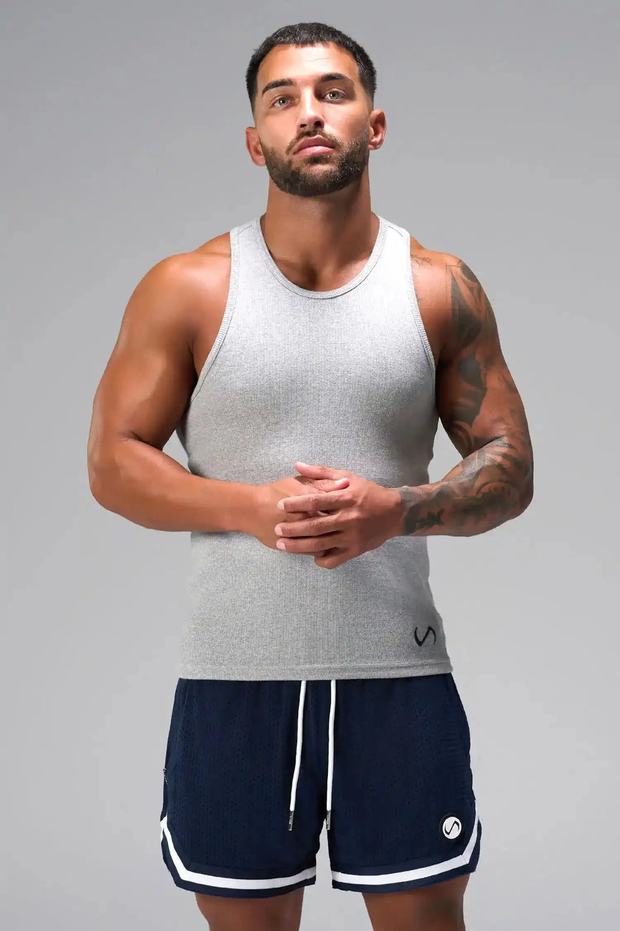 Front View of Gray Icon Ribbed Straight Hem Tank featuring our physique enhancing design, straight hem and relaxed fit