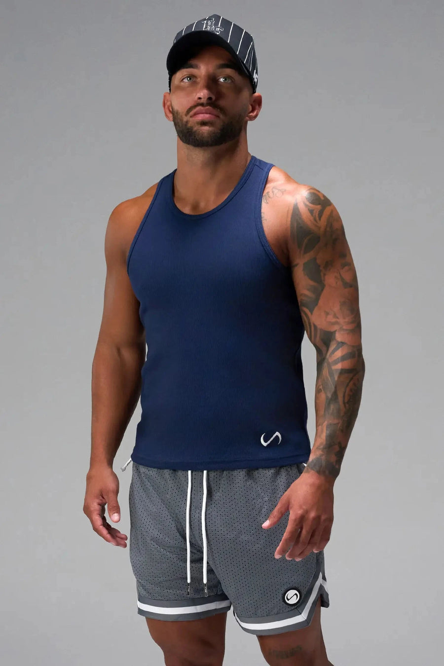 Front View of Blue Icon Ribbed Straight Hem Tank featuring our physique enhancing design, straight hem and relaxed fit