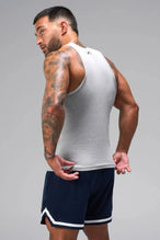 Back View of Gray Icon Ribbed Straight Hem Tank featuring our physique enhancing design, straight hem and relaxed fit