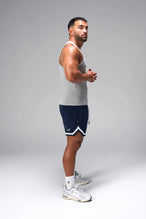 Side View of Gray Icon Ribbed Straight Hem Tank featuring our physique enhancing design, straight hem and relaxed fit