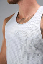 Front View of Gray the TLF Infi Cool workout tank engineered with infi cool DNA cooling fabric technology, laser cut mesh holes and perforations