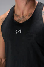 Front View of Black the TLF Infi Cool workout tank engineered with infi cool DNA cooling fabric technology, laser cut mesh holes and perforations