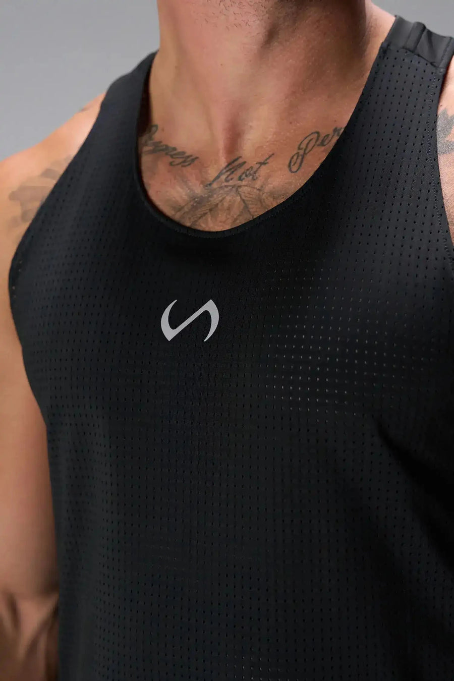 Front View of Black the TLF Infi Cool workout tank engineered with infi cool DNA cooling fabric technology, laser cut mesh holes and perforations