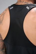 Back View of Black the TLF Infi Cool workout tank engineered with infi cool DNA cooling fabric technology, laser cut mesh holes and perforations