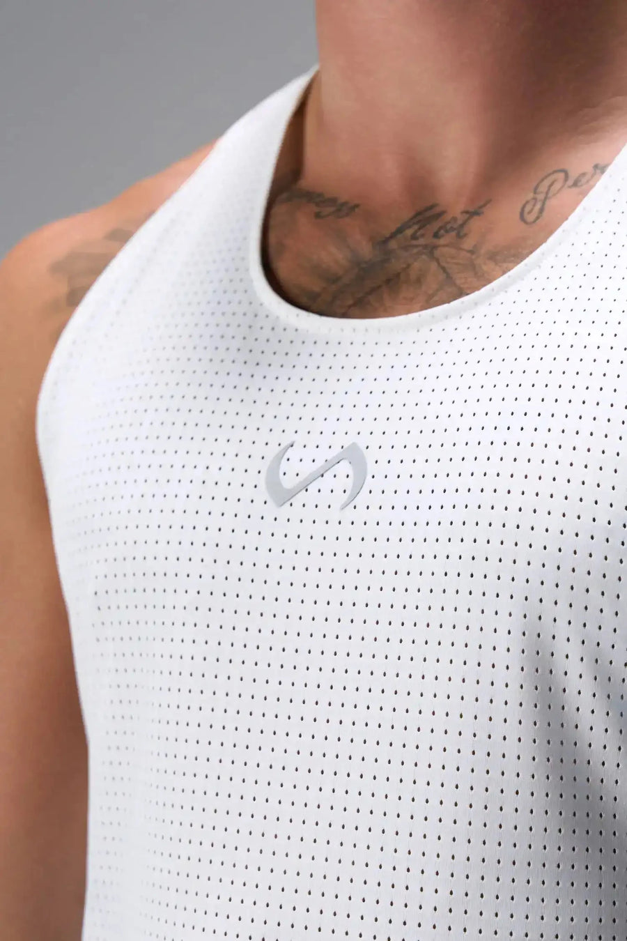 Front View of White the TLF Infi Cool workout tank engineered with infi cool DNA cooling fabric technology, laser cut mesh holes and perforations