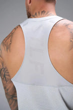 Back View of Gray the TLF Infi Cool workout tank engineered with infi cool DNA cooling fabric technology, laser cut mesh holes and perforations