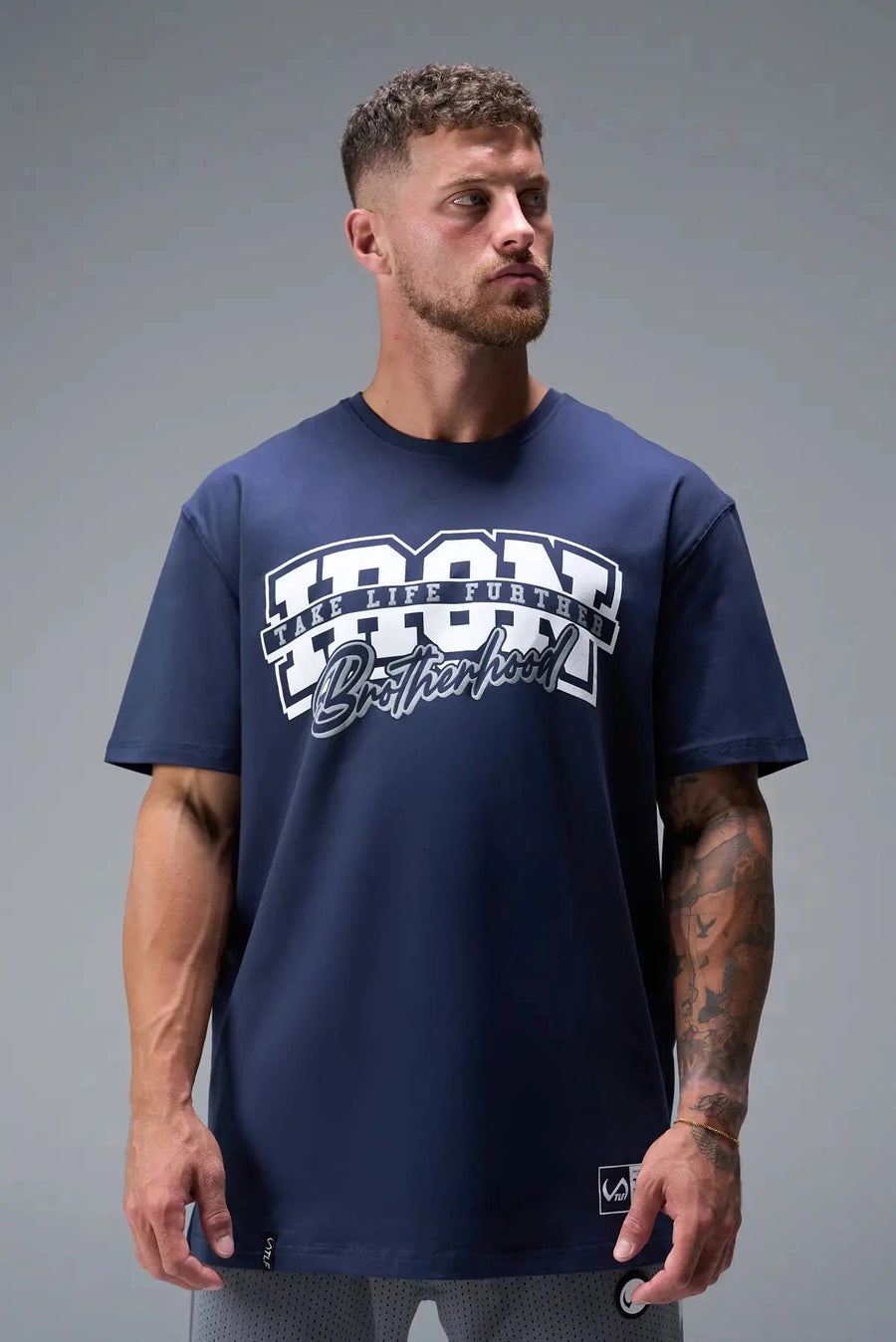 Front View of Blue TLF Iron Bros Cotton Luxe Oversized Tee featuring “cooling shirt” technology with a 2-tone graphic print across the chest.  