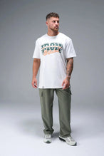 Front view of White TLF Iron Bros Cotton Luxe Oversized Tee featuring “cooling shirt” technology with a 2-tone graphic print across the chest.  