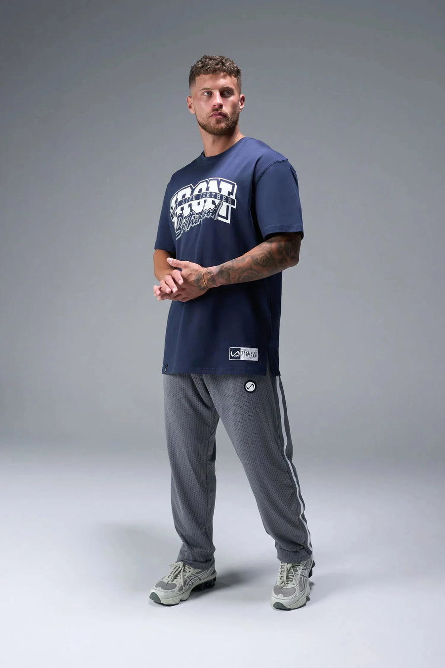 Close Up View of Blue TLF Iron Bros Cotton Luxe Oversized Tee featuring “cooling shirt” technology with a 2-tone graphic print across the chest.  