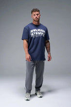 Front View of Blue TLF Iron Bros Cotton Luxe Oversized Tee featuring “cooling shirt” technology with a 2-tone graphic print across the chest.  