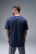 Front View of Blue TLF Iron Bros Cotton Luxe Oversized Tee featuring “cooling shirt” technology with a 2-tone graphic print across the chest.  