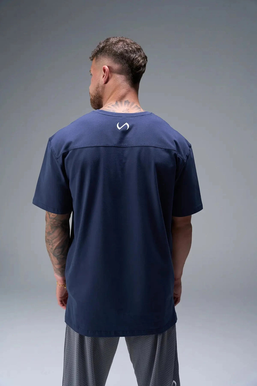 Front View of Blue TLF Iron Bros Cotton Luxe Oversized Tee featuring “cooling shirt” technology with a 2-tone graphic print across the chest.  