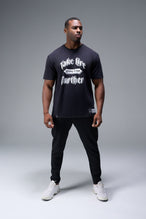 Front View of Black TLF Lifting Crew Cotton Luxe Oversized Tee featuring a 2-tone graphic print design across the chest.  
