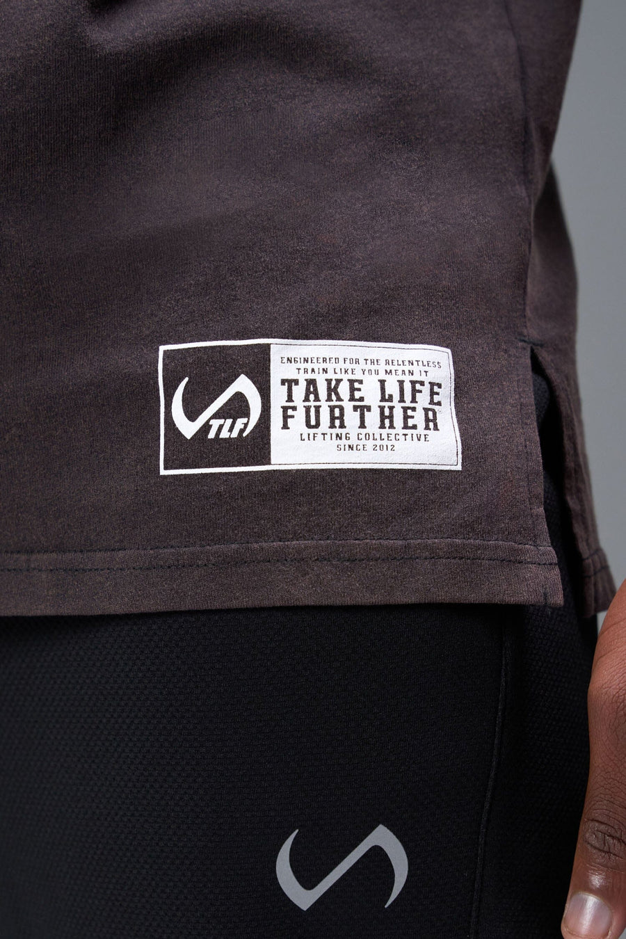 Detail Front View of Black TLF Lifting Dura Cotton Oversized Tee, durable, vintage wash tee for gym or street wear 