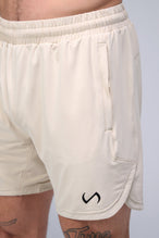 Detail Front View of Oat Milk TLF Micro Mesh 6.5 Inch Shorts, featuring zippered pockets, 6.5” inch inseam and adjustable waistband