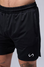 Detail Front View of Black TLF Micro Mesh 6.5 Inch Shorts, featuring zippered pockets, 6.5” inch inseam and adjustable waistband