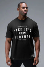 Front View of Black TLF Property of Cotton Luxe Oversized Tee featuring a distressed graphic print design across the chest in our oversized t shirt fit