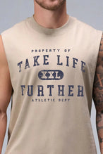 Front View of Tan TLF Property Of Heavy Cotton Muscle Tank featuring a distressed graphic design and raw edge arm holes. 