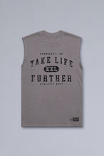Front View of Gray TLF Property Of Heavy Cotton Muscle Tank featuring a distressed graphic design and raw edge arm holes. 