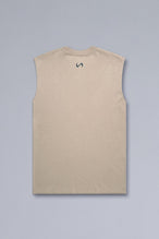 Back View of Tan TLF Property Of Heavy Cotton Muscle Tank featuring a distressed graphic design and raw edge arm holes. 