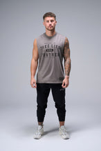 Front View of Gray TLF Property Of Heavy Cotton Muscle Tank featuring a distressed graphic design and raw edge arm holes. 