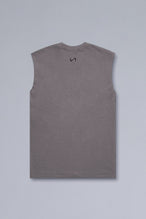 Back View of Gray TLF Property Of Heavy Cotton Muscle Tank featuring a distressed graphic design and raw edge arm holes. 