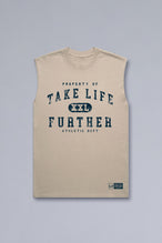 Front View of Tan TLF Property Of Heavy Cotton Muscle Tank featuring a distressed graphic design and raw edge arm holes. 