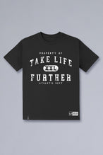Front View of Black TLF Property of Cotton Luxe Oversized Tee featuring a distressed graphic print design across the chest in our oversized t shirt fit
