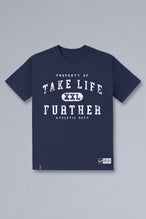 Front View of Blue TLF Property of Cotton Luxe Oversized Tee featuring a distressed graphic print design across the chest in our oversized t shirt fit