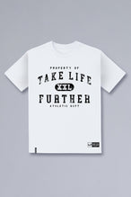 Front View of White TLF Property of Cotton Luxe Oversized Tee featuring a distressed graphic print design across the chest in our oversized t shirt fit